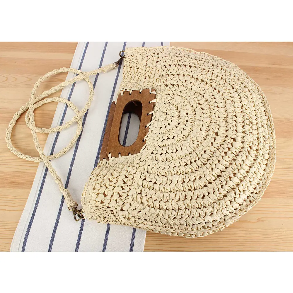 Half Moon Woven Straw Bag Wooden Handle Beach Bags for Women Handbags Paper Rope Shoulder Crossbody Bag Summer Travel Purses NEW