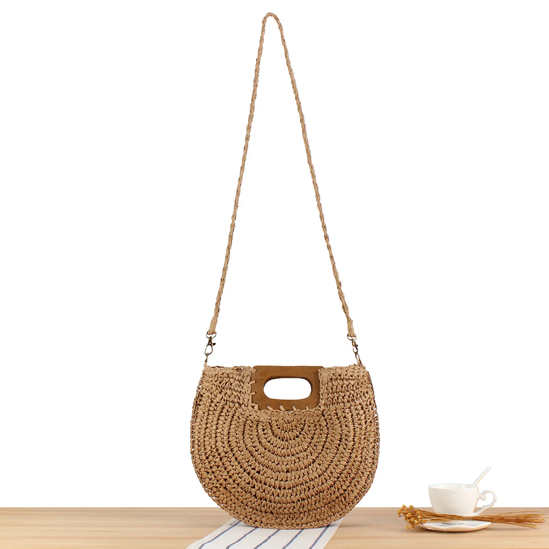 Half Moon Woven Straw Bag Wooden Handle Beach Bags for Women Handbags Paper Rope Shoulder Crossbody Bag Summer Travel Purses NEW