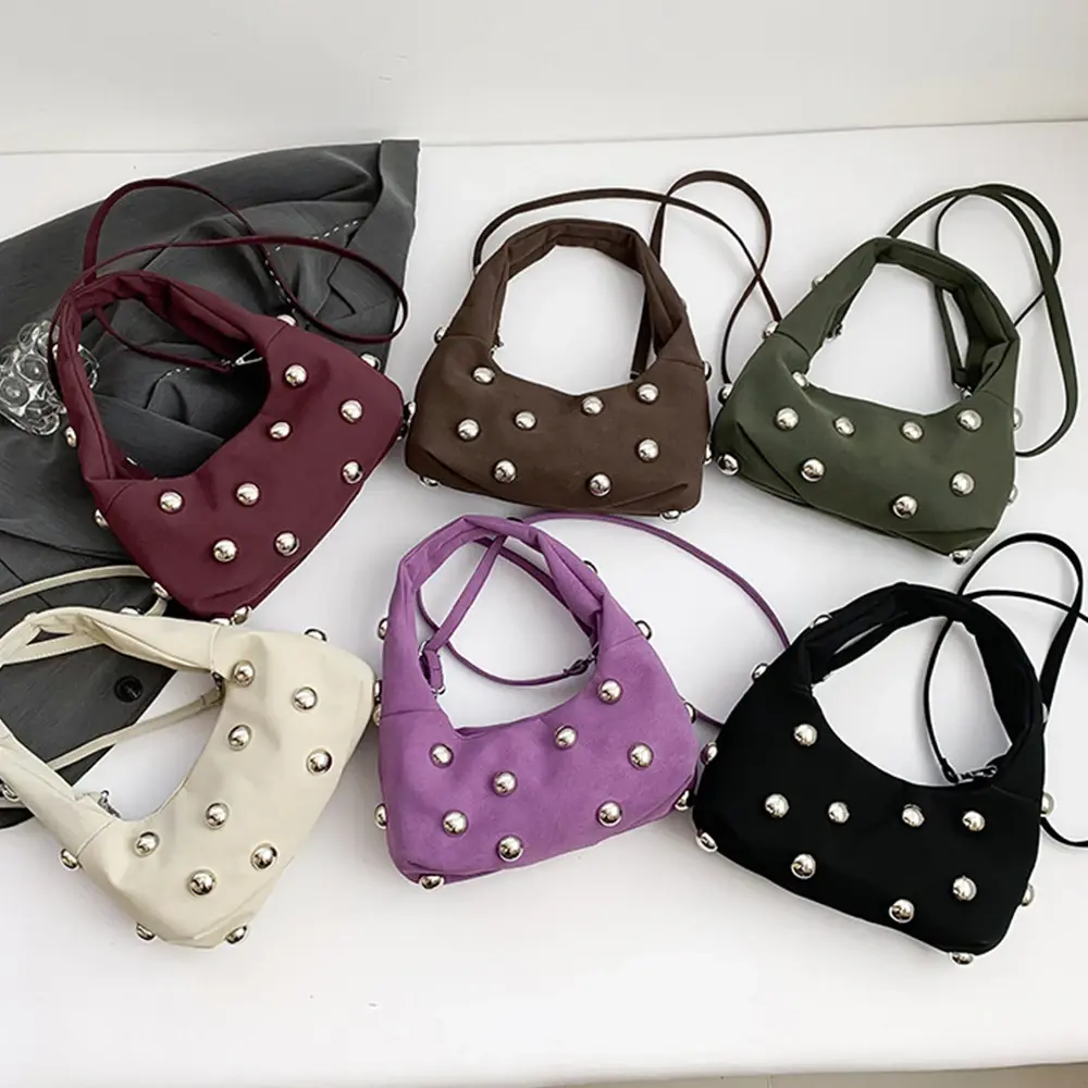 Fashion Big Rivet Women's Handbag Faux Suede Shoulder Bag Half Moon Frosted Hobos Underarm Bags for Women 2025 Clutch Female New