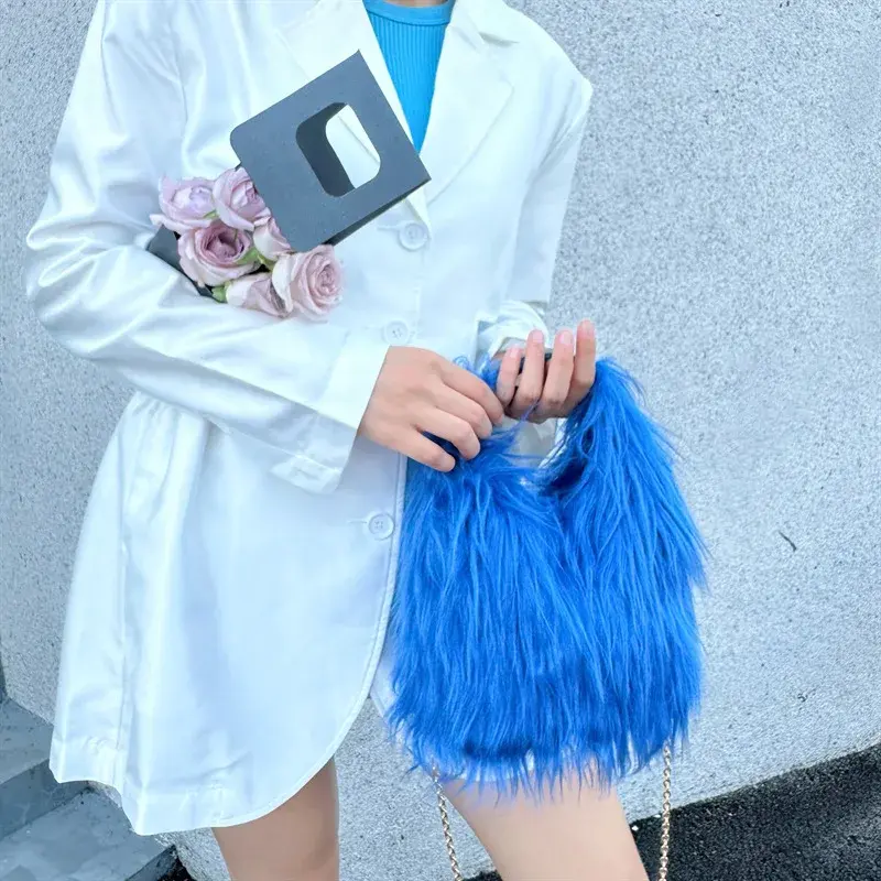 Candy Color Long Fur Bags Handbags Luxury Designer Fluffy Plush Tote Faux Fur Bags for Women Warm Soft Shoulder Crossbody Bag