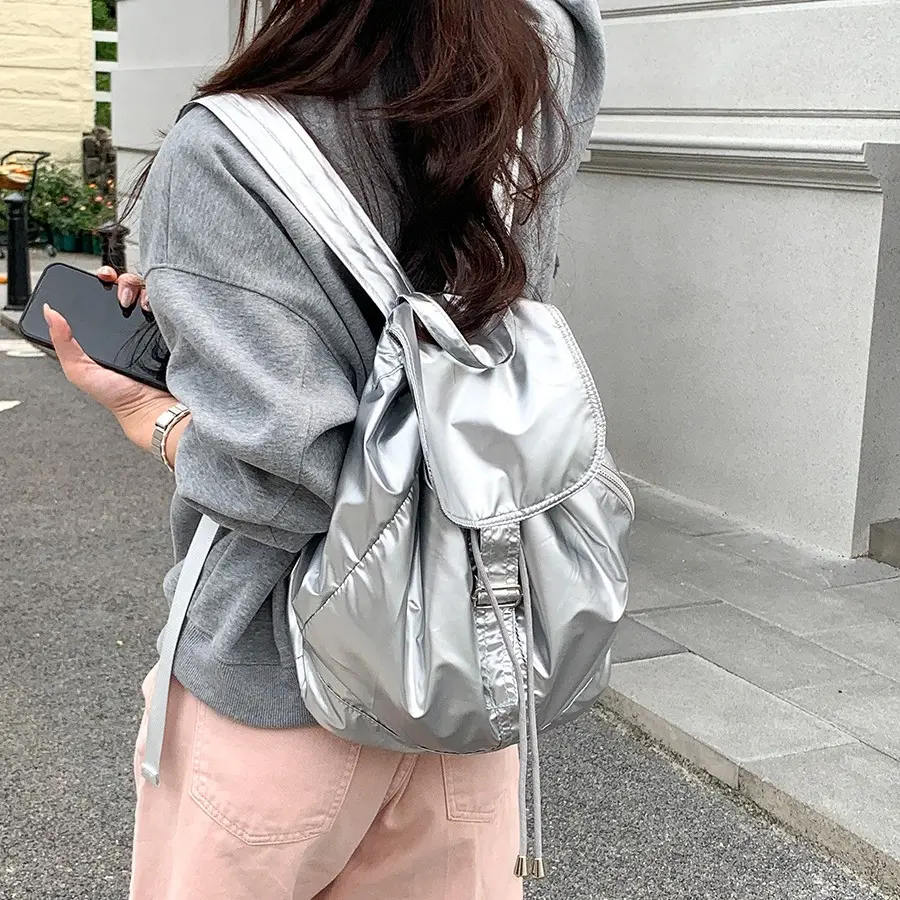 Silver Nylon Designer Backpack Soft Light Woman's Backpacks Casual Waterproof School Bags for Teenager Drawstring Back Pack Bag