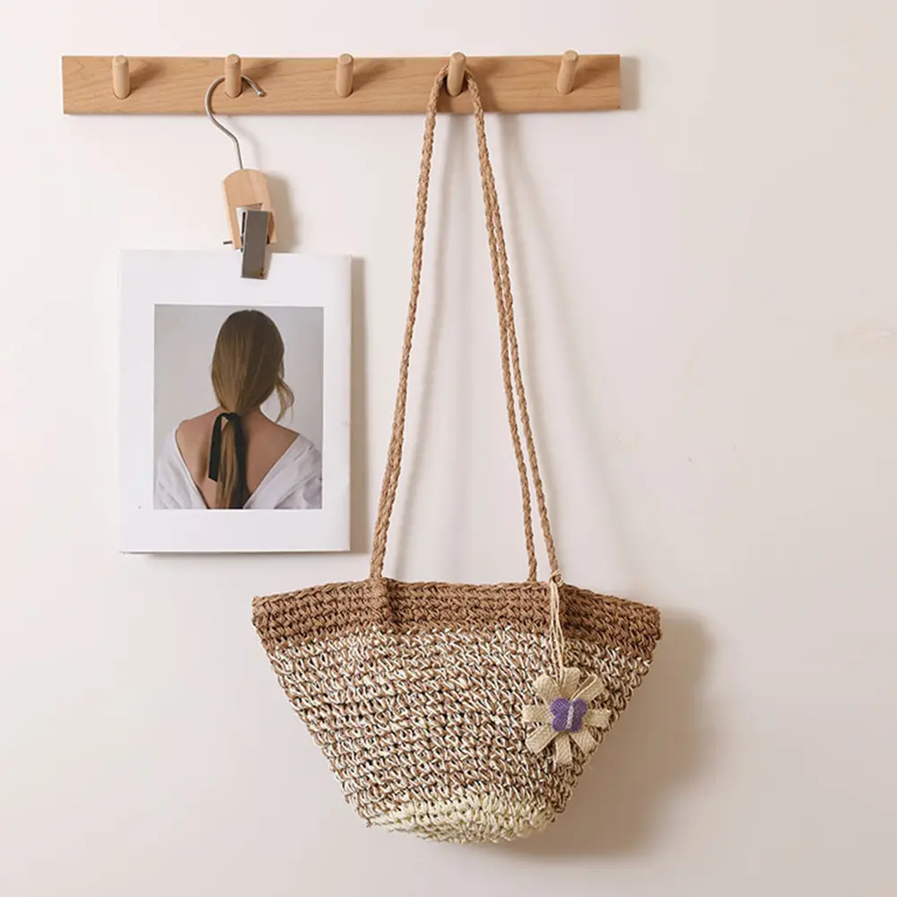 Cute Flower Beach Shoulder Bag Gradient Color Woven Straw Bags for Women Candy Color Paper Knitting Handbags and Purses Tote NEW