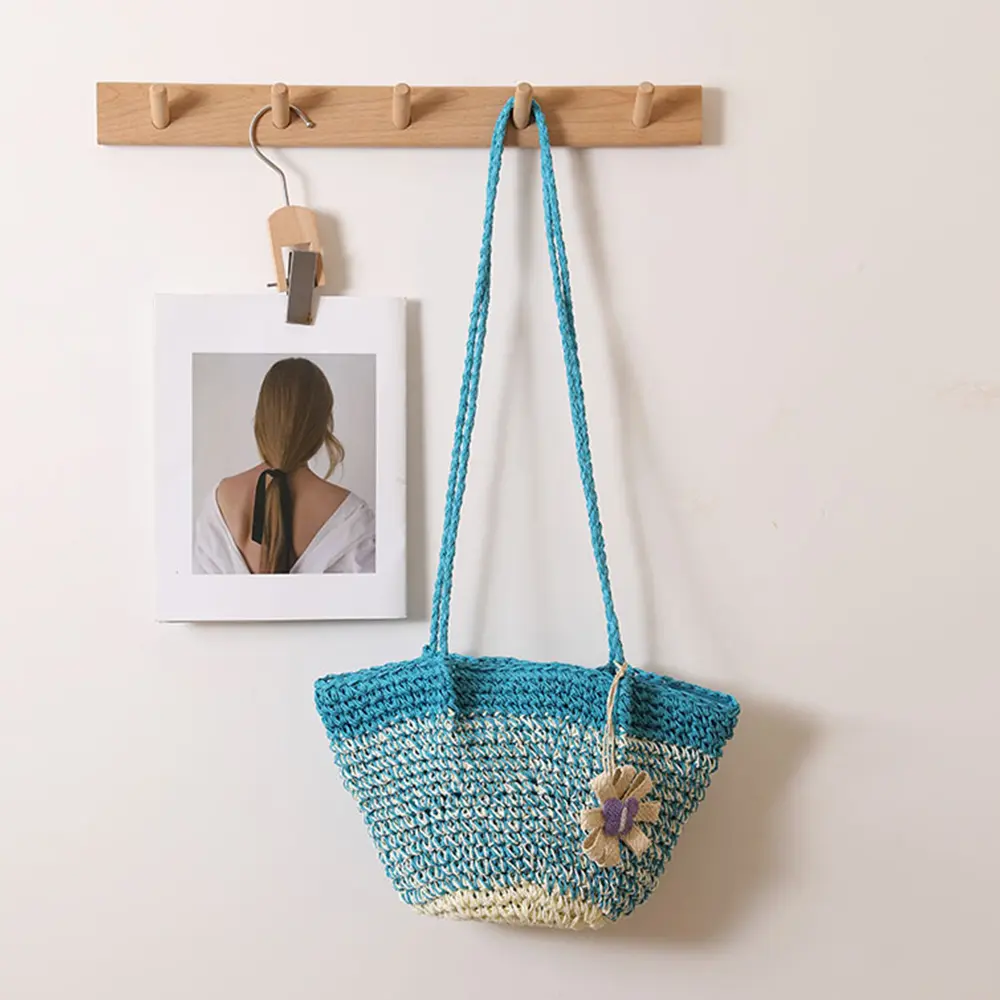 Cute Flower Beach Shoulder Bag Gradient Color Woven Straw Bags for Women Candy Color Paper Knitting Handbags and Purses Tote NEW