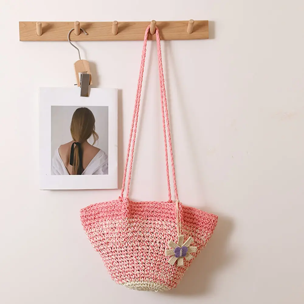 Cute Flower Beach Shoulder Bag Gradient Color Woven Straw Bags for Women Candy Color Paper Knitting Handbags and Purses Tote NEW