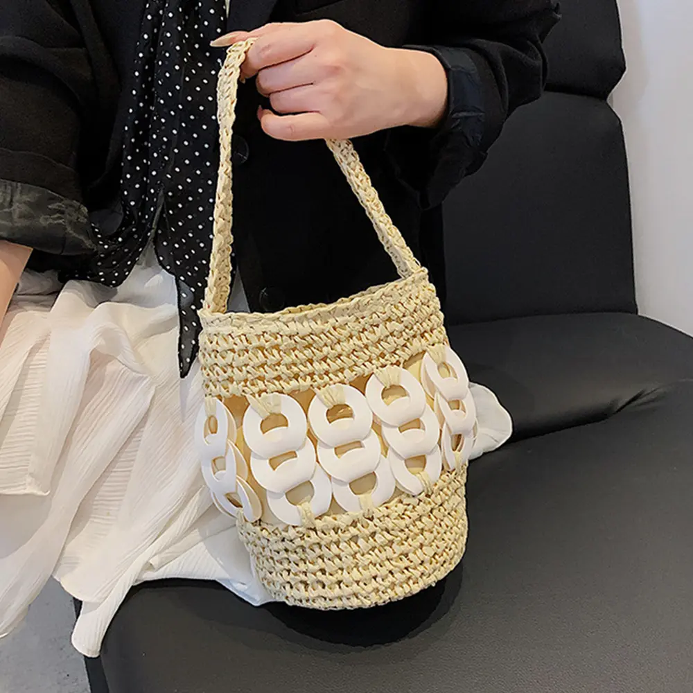 Summer Woven Straw Bucket Bags for Women Handbag Hollow Crochet Beach Bag Bohemian Mini Basket Bag Paper Knitting Shoulder Bags