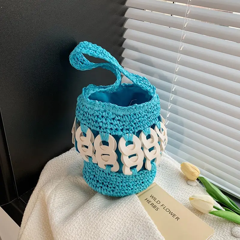 Summer Woven Straw Bucket Bags for Women Handbag Hollow Crochet Beach Bag Bohemian Mini Basket Bag Paper Knitting Shoulder Bags