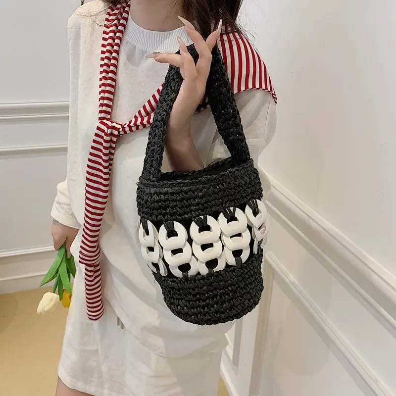 Summer Woven Straw Bucket Bags for Women Handbag Hollow Crochet Beach Bag Bohemian Mini Basket Bag Paper Knitting Shoulder Bags