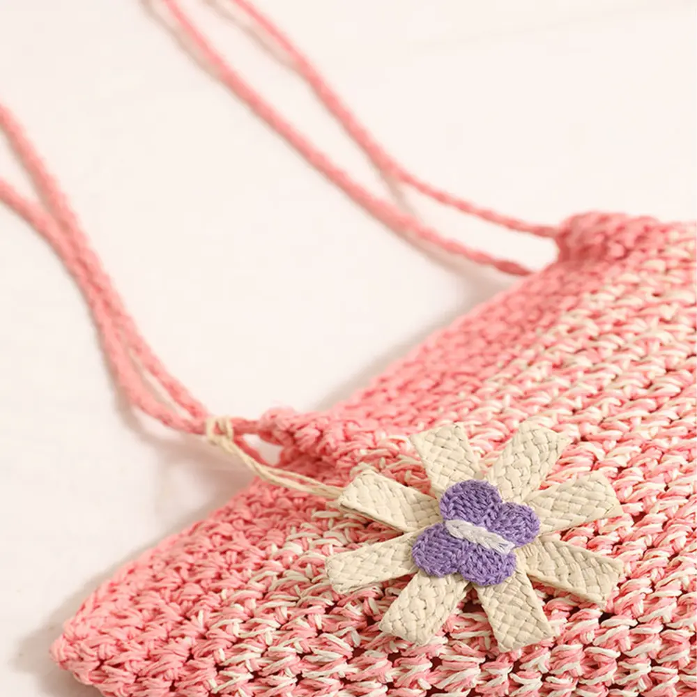 Cute Flower Beach Shoulder Bag Gradient Color Woven Straw Bags for Women Candy Color Paper Knitting Handbags and Purses Tote NEW