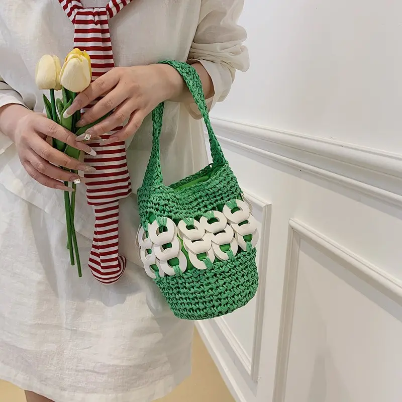 Summer Woven Straw Bucket Bags for Women Handbag Hollow Crochet Beach Bag Bohemian Mini Basket Bag Paper Knitting Shoulder Bags