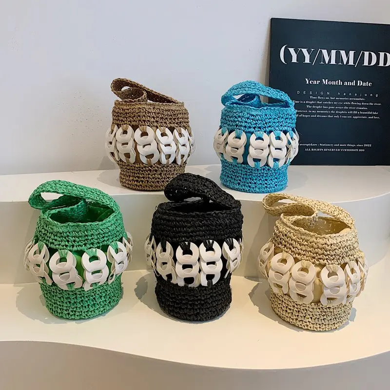 Summer Woven Straw Bucket Bags for Women Handbag Hollow Crochet Beach Bag Bohemian Mini Basket Bag Paper Knitting Shoulder Bags