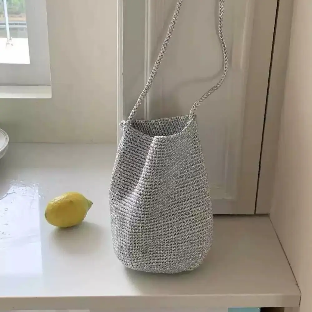 NEW Metal Texture Woven Shoulder Bags Hollow Silver Bucket Bags for Women Designer Bag Handmade Woven Handbags and Purses Tote