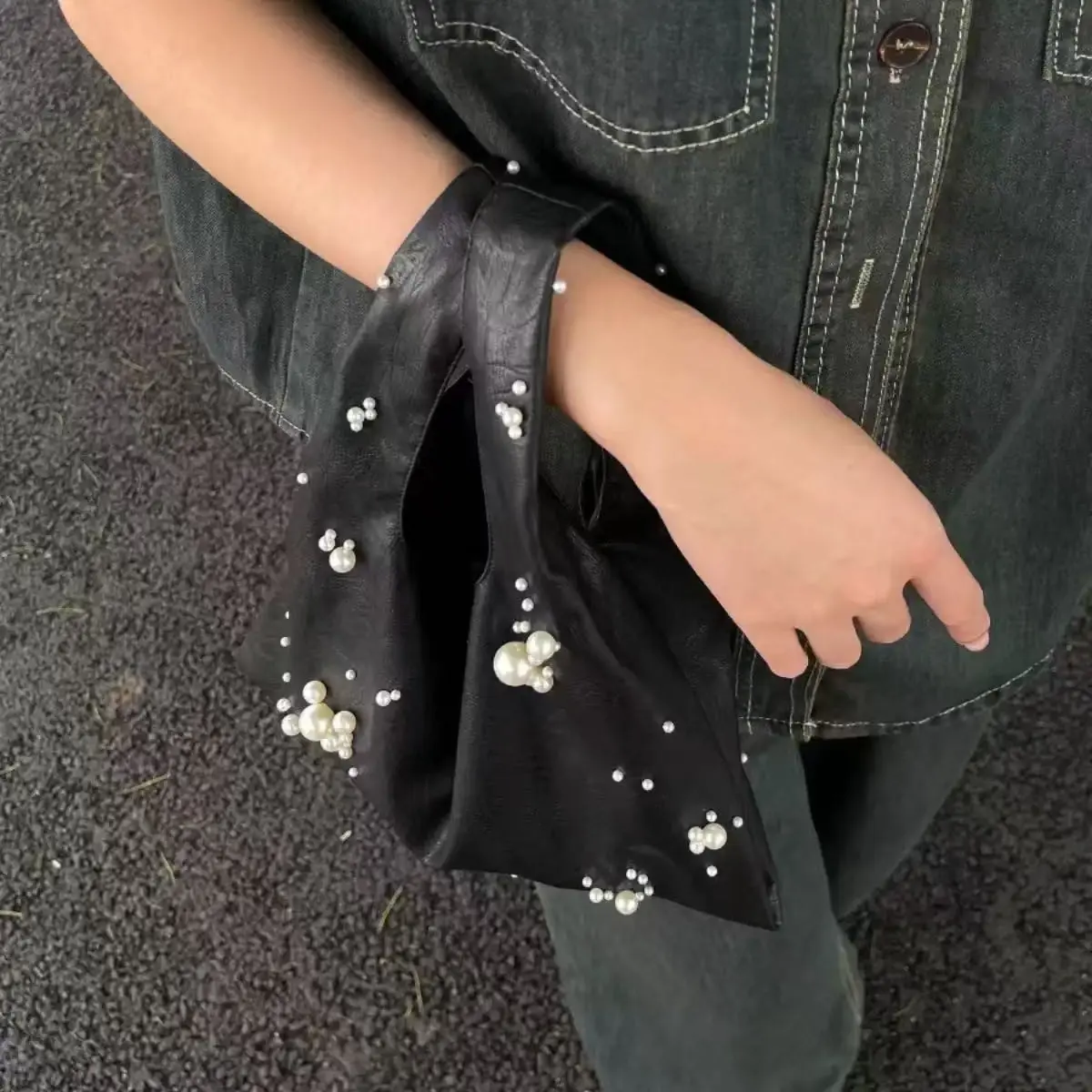 Fashion Pearls Wrist Bags for Women Elegant Black Women Handbags Soft PU Leather Shoulder Bag 2025 Small Shopper Tote Purses NEW