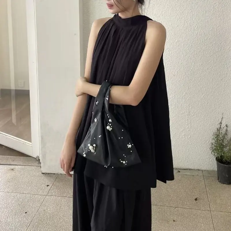 Fashion Pearls Wrist Bags for Women Elegant Black Women Handbags Soft PU Leather Shoulder Bag 2025 Small Shopper Tote Purses NEW