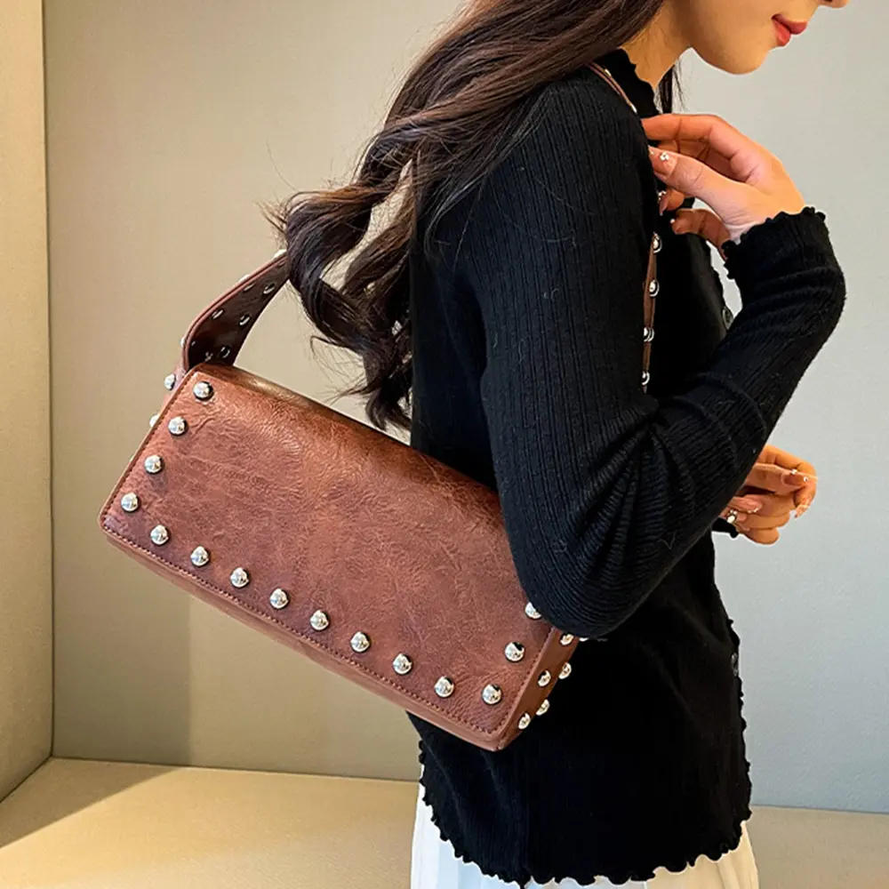 Punk Rivet Women Shoulder Bag High Quality PU Leather Underarm Bags for Women Handbags and Purses Studded Pillow Bags Clutch NEW