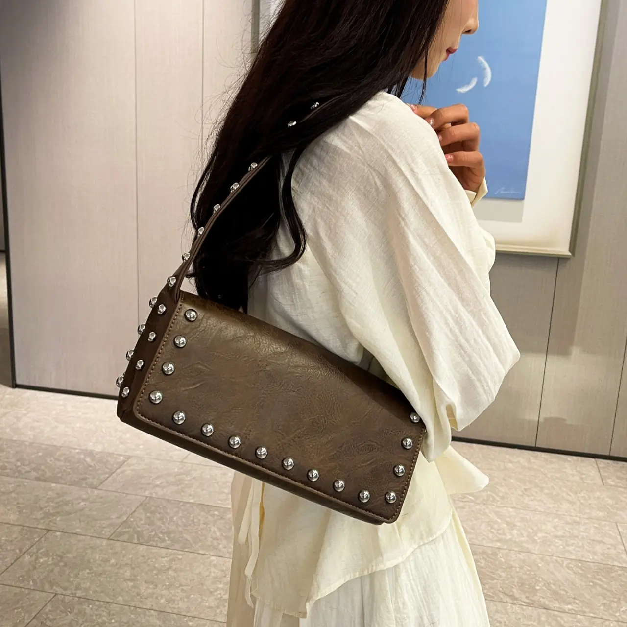 Punk Rivet Women Shoulder Bag High Quality PU Leather Underarm Bags for Women Handbags and Purses Studded Pillow Bags Clutch NEW