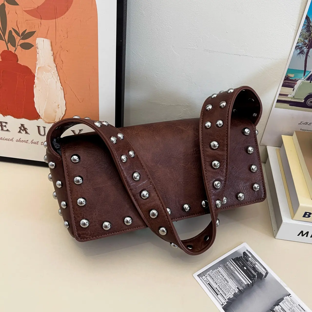 Punk Rivet Women Shoulder Bag High Quality PU Leather Underarm Bags for Women Handbags and Purses Studded Pillow Bags Clutch NEW