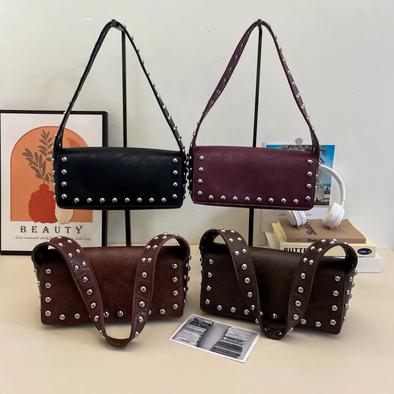 Punk Rivet Women Shoulder Bag High Quality PU Leather Underarm Bags for Women Handbags and Purses Studded Pillow Bags Clutch NEW