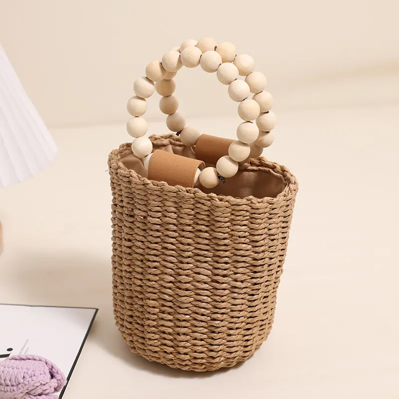 Mini Beaded Handle Bucket Bag Cute Paper Rope Handbag Travel Beach Bags for Woman Summer Woven Drawstring Straw Bag Clutch Chic