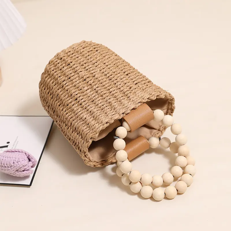 Mini Beaded Handle Bucket Bag Cute Paper Rope Handbag Travel Beach Bags for Woman Summer Woven Drawstring Straw Bag Clutch Chic