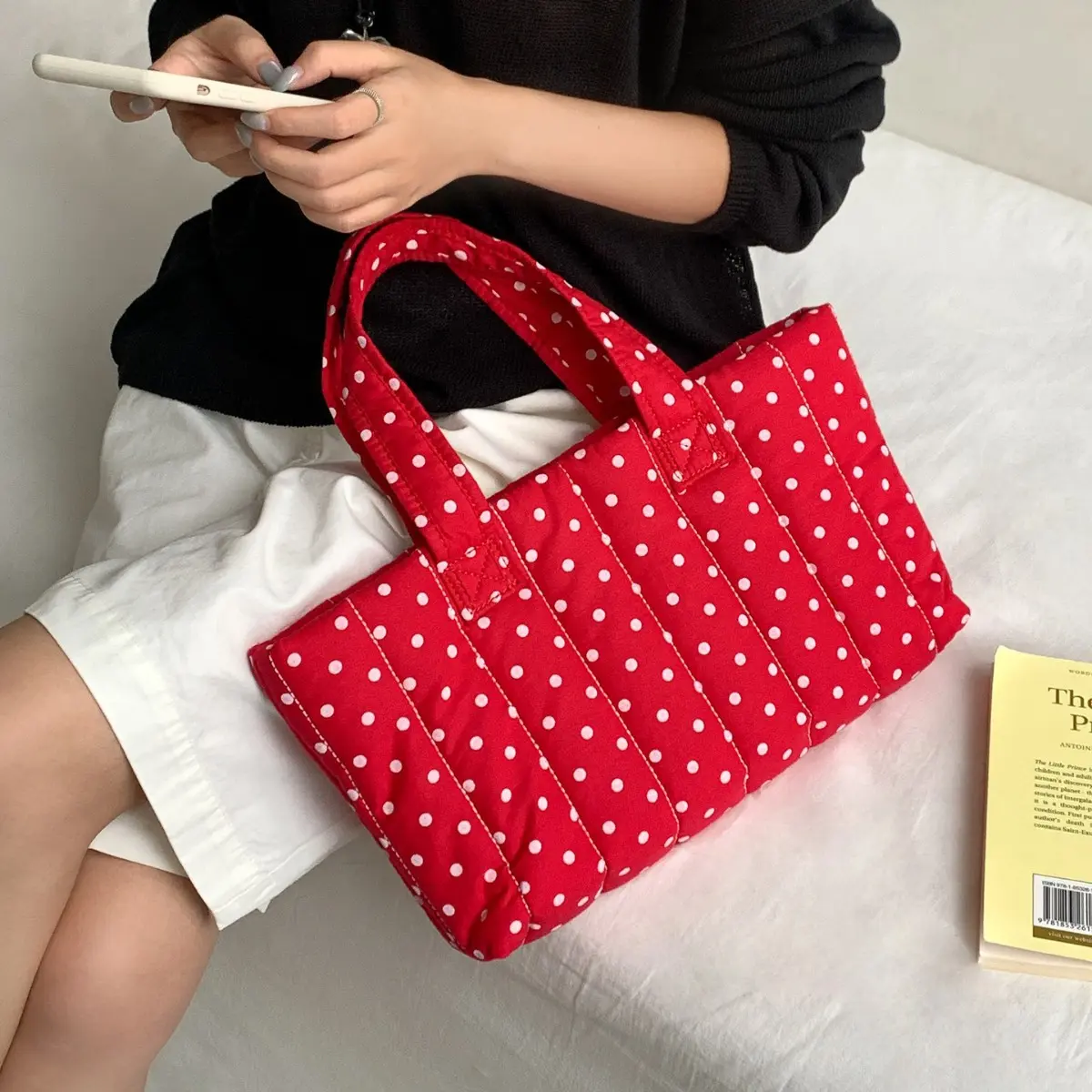 Puffy Dot Tote Bags for Women Soft Padded Shoulder Bag Cotton Quilted Handbags and Purses IPad Bags Female Shopper Female NEW