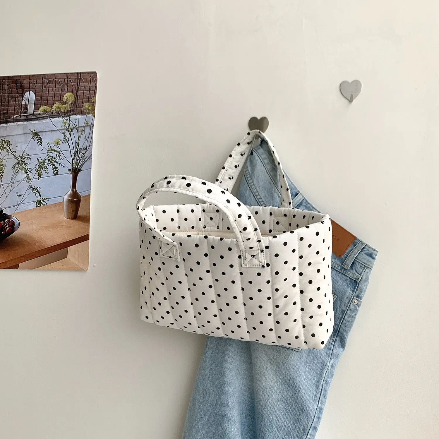 Puffy Dot Tote Bags for Women Soft Padded Shoulder Bag Cotton Quilted Handbags and Purses IPad Bags Female Shopper Female NEW