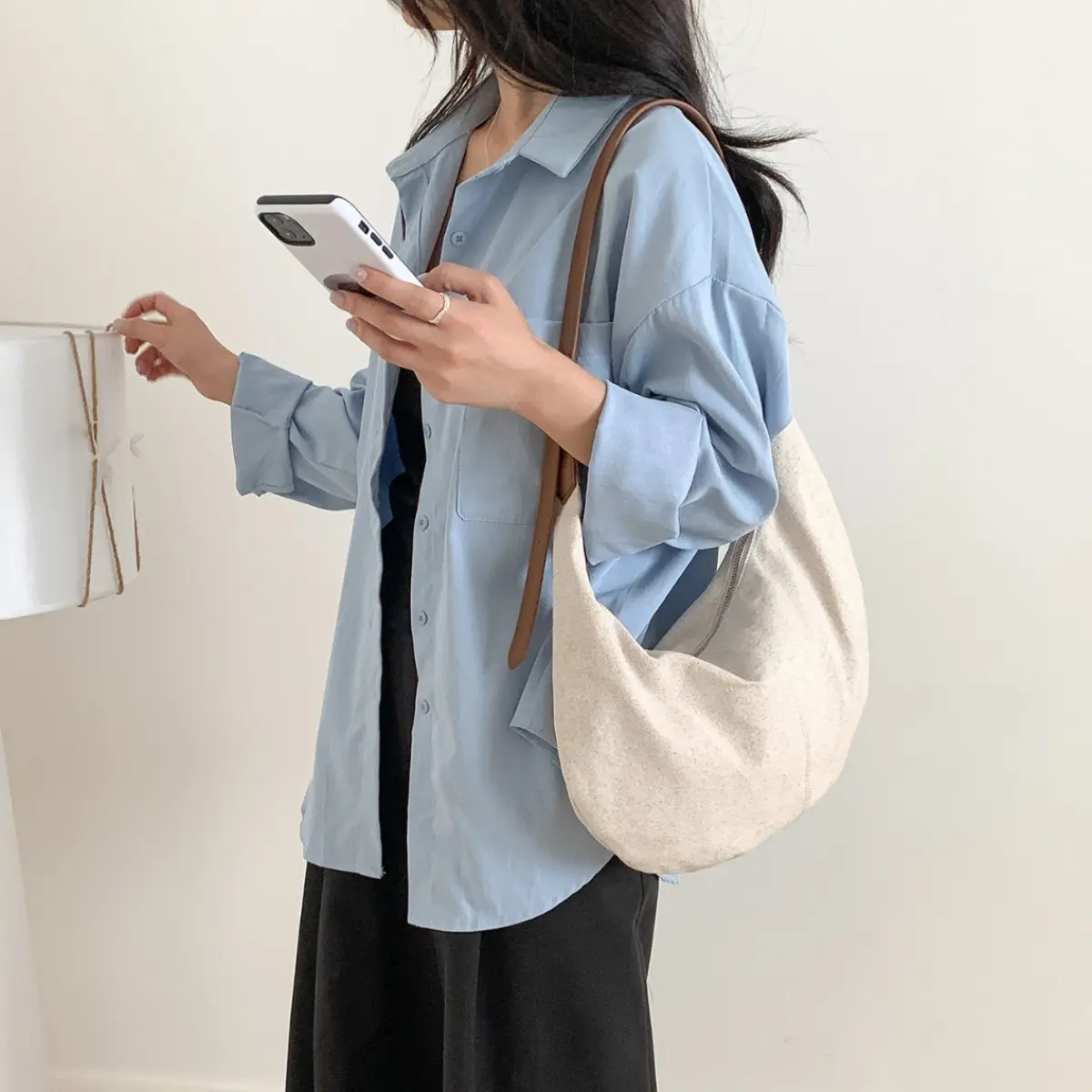 Casual Linen Hobo Cloud Bag Half Moon Canvas Shoulder Bag Soft Crescent Armpit Bags for Women Handbags Commuting Shopper Tote