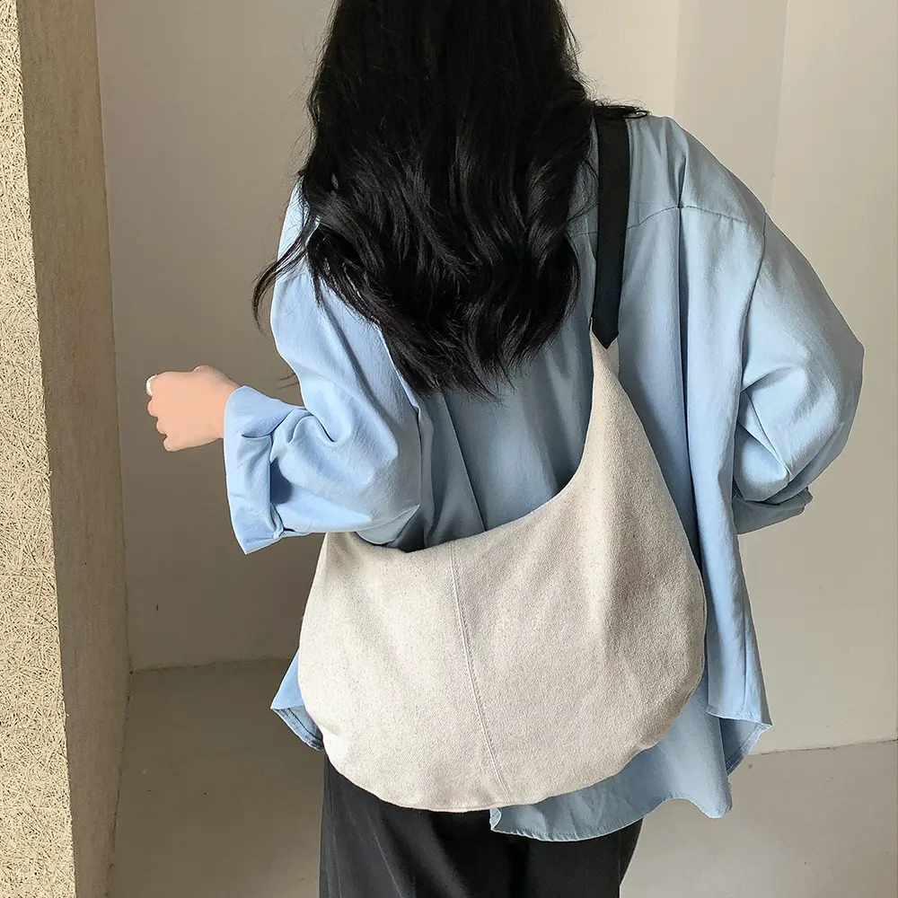 Casual Linen Hobo Cloud Bag Half Moon Canvas Shoulder Bag Soft Crescent Armpit Bags for Women Handbags Commuting Shopper Tote