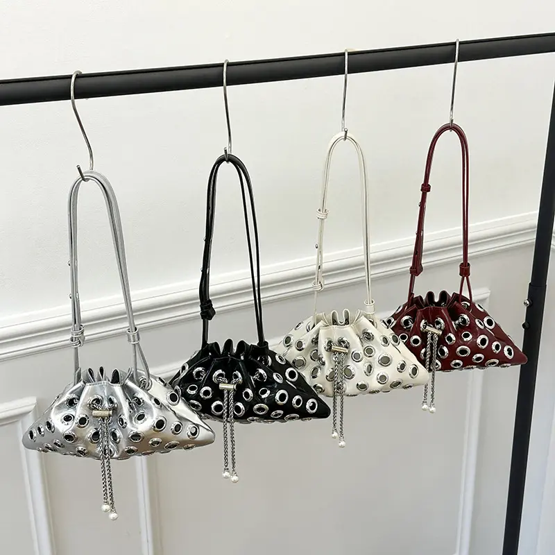 Luxury Hollow Rivet Shoulder Bag Punk Studded Drawstring Bags for Women Handbag Designer Bucket Bags PU Leather Crossbody Bag