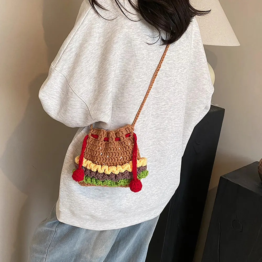 Cute Hamburger Woven Bags for Women Handbags Mini Drawstring Bag Handmade Crochet Crossbody Bag Knitting Shoulder Bags Girls New