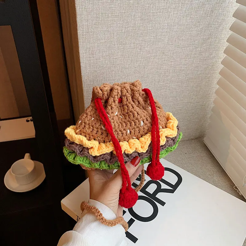 Cute Hamburger Woven Bags for Women Handbags Mini Drawstring Bag Handmade Crochet Crossbody Bag Knitting Shoulder Bags Girls New