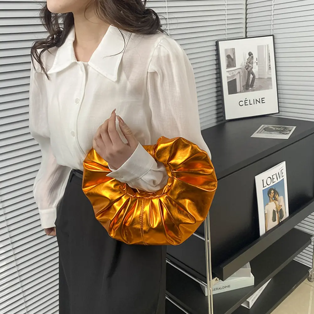 Candy Color Women's Handbags Laser Silver Clutch Metallic Pleated Shoulder Bags for Women 2023 Luxury Designer Bag Ladies Tote