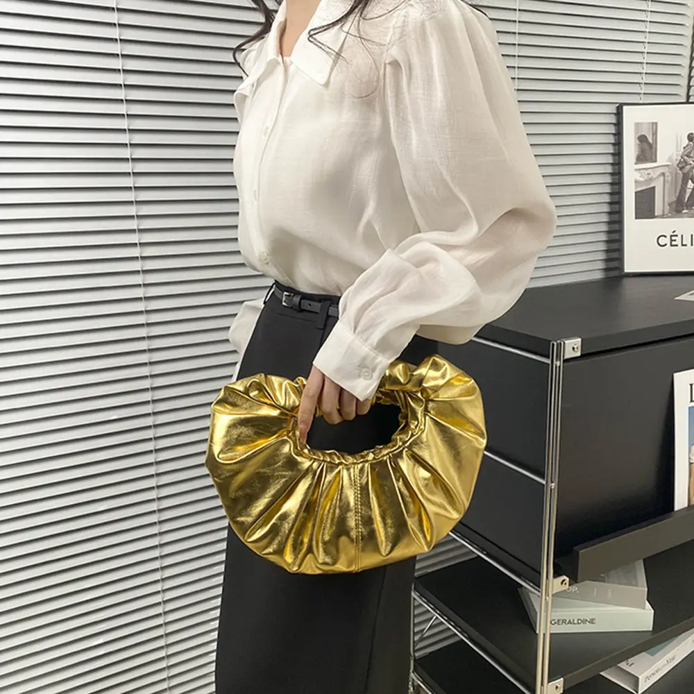 Candy Color Women's Handbags Laser Silver Clutch Metallic Pleated Shoulder Bags for Women 2023 Luxury Designer Bag Ladies Tote