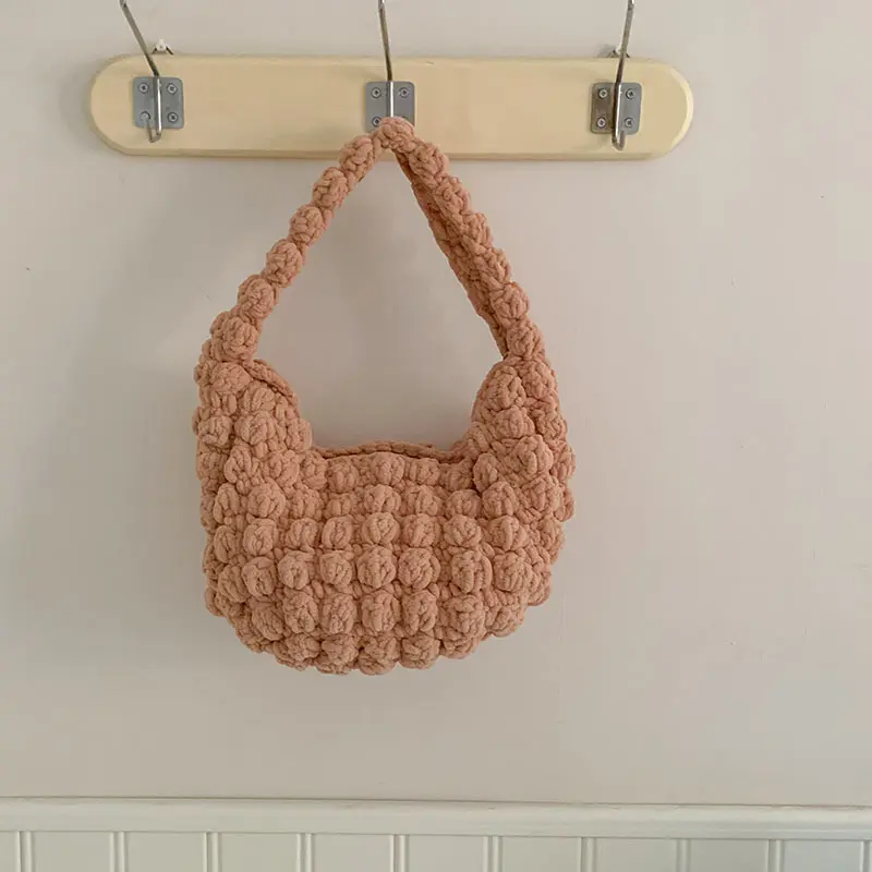 Cute Puffy Woven Shoulder Bag Handmade Crochet Cloud Bags for Women Half Moon Knitting Handbags and Purses Rope Armpit Bags NEW