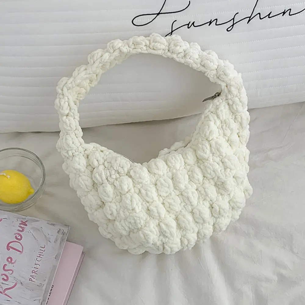 Cute Puffy Woven Shoulder Bag Handmade Crochet Cloud Bags for Women Half Moon Knitting Handbags and Purses Rope Armpit Bags NEW