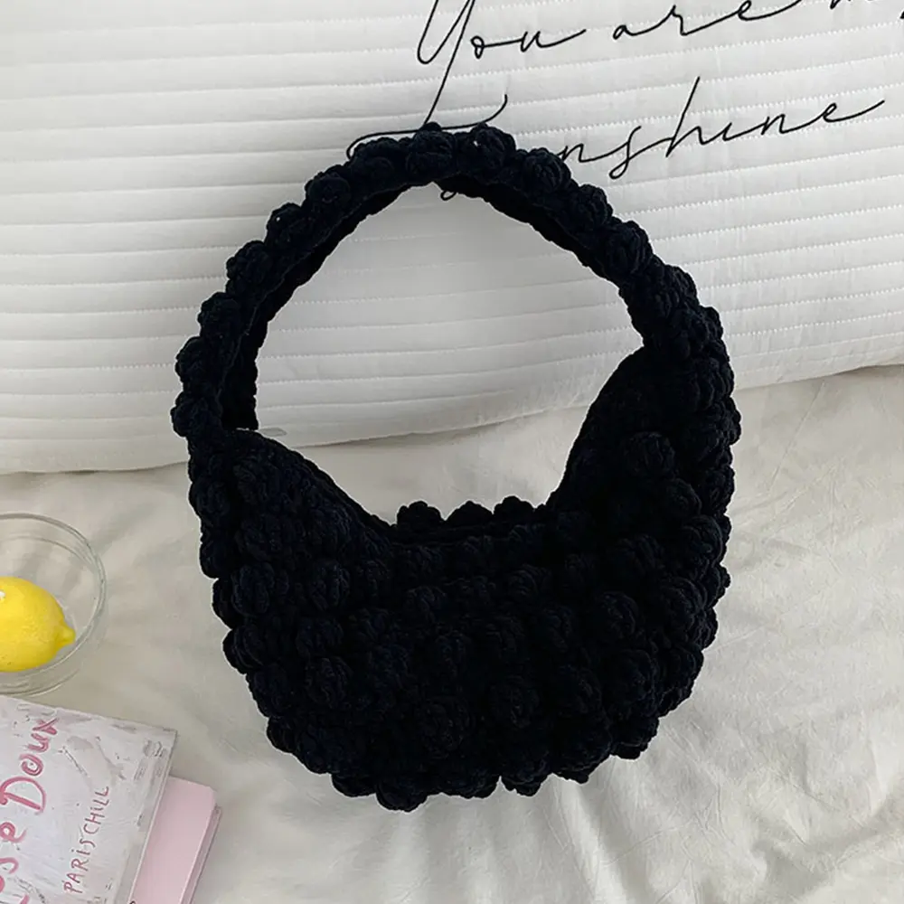 Cute Puffy Woven Shoulder Bag Handmade Crochet Cloud Bags for Women Half Moon Knitting Handbags and Purses Rope Armpit Bags NEW