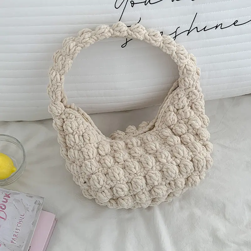 Cute Puffy Woven Shoulder Bag Handmade Crochet Cloud Bags for Women Half Moon Knitting Handbags and Purses Rope Armpit Bags NEW