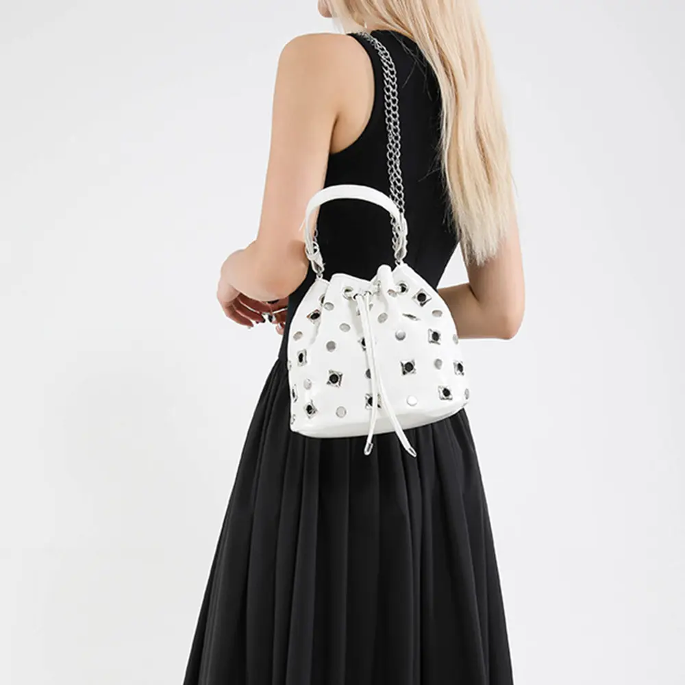 Fashion Rivet Bucket Bags for Women Handbag Hollow Studded Shoulder Crossbody Bag NEW Luxury PU Leather Clutch Ladies Purses