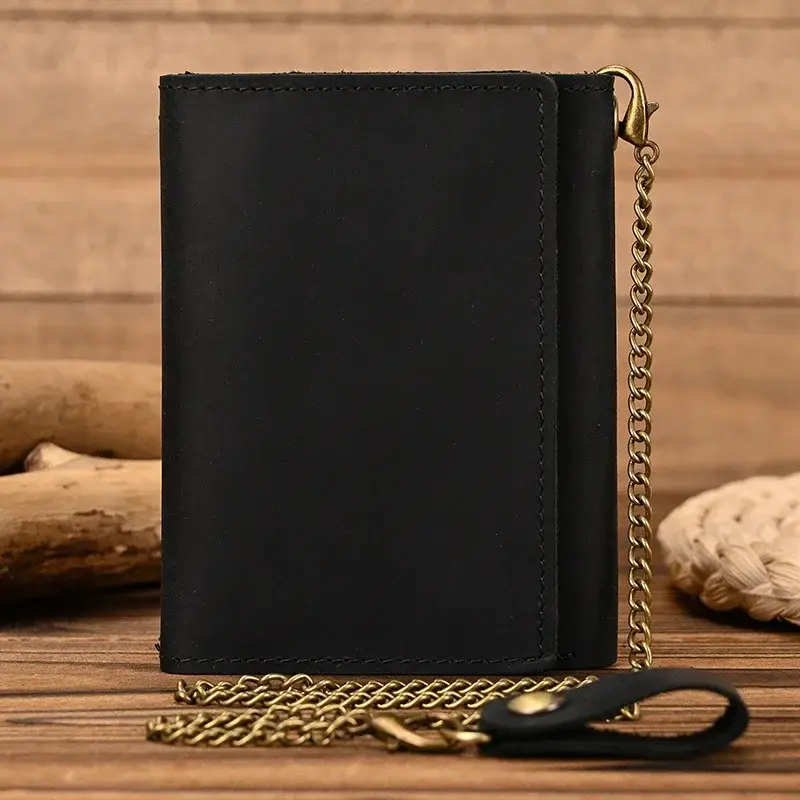 Men Genuine Leather Short Wallet with Chain Zipper Clutch Wallets Male Short Trifold Purse Card Holder Change Coin Purse
