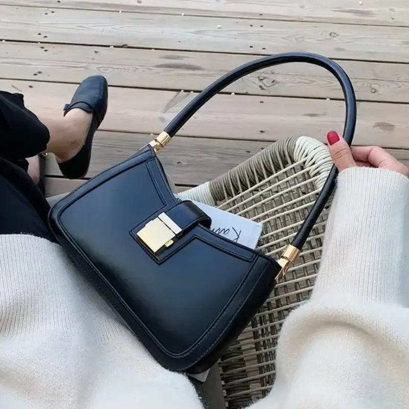 Shoulder Bags for Women Solid Color PU Leather 2025 Trend Lock Handbags Small Purse Hand Lady Designer Zipper Clutch Handbags