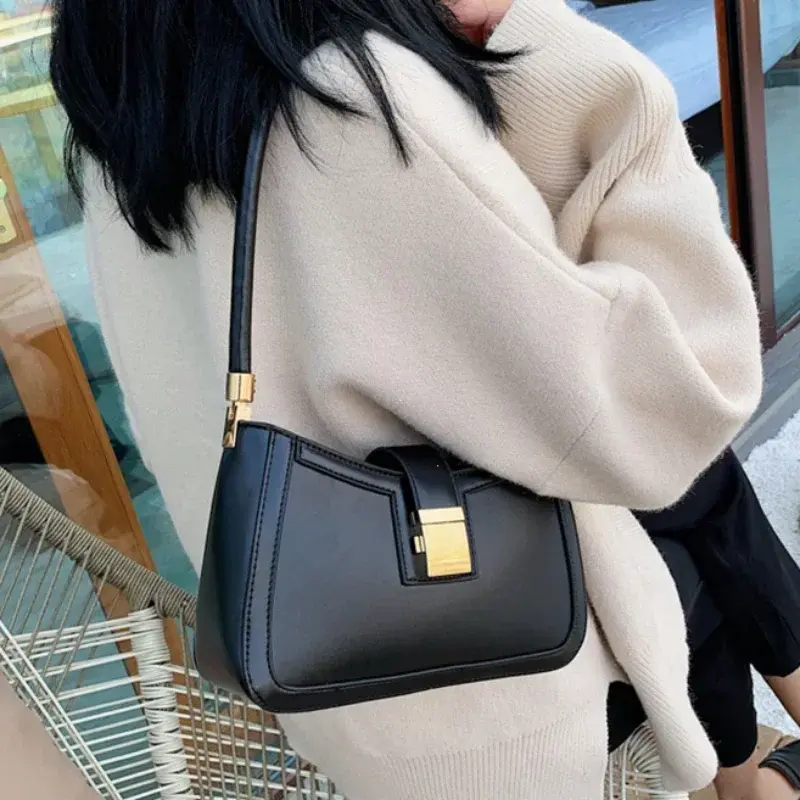 Shoulder Bags for Women Solid Color PU Leather 2025 Trend Lock Handbags Small Purse Hand Lady Designer Zipper Clutch Handbags