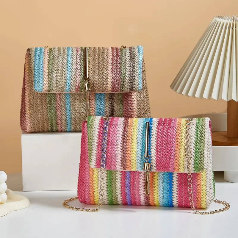 Chic Rainbow Stripe Straw Crossbody Bag for Women Adjustable Shoulder Strap Magnetic Closure Tassel Accent Fashion Square Purse