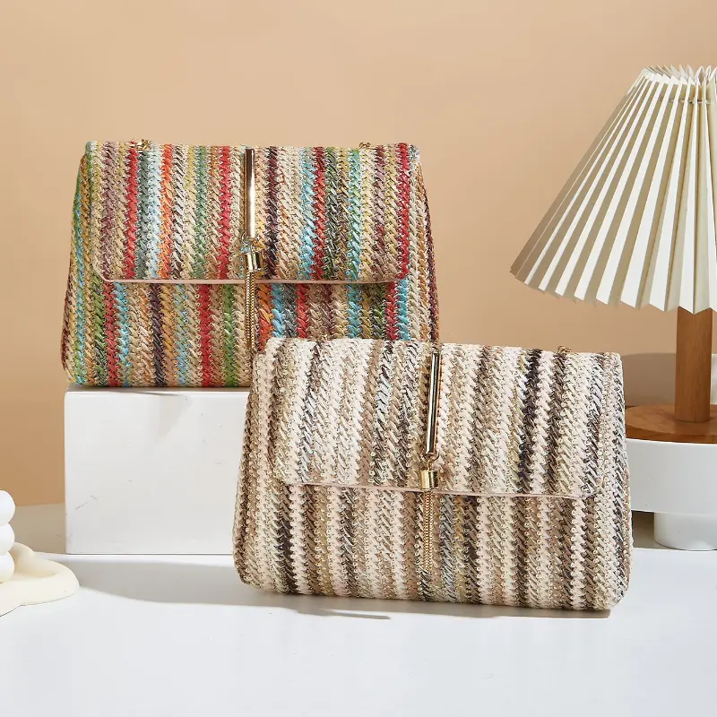 Chic Rainbow Stripe Straw Crossbody Bag for Women Adjustable Shoulder Strap Magnetic Closure Tassel Accent Fashion Square Purse