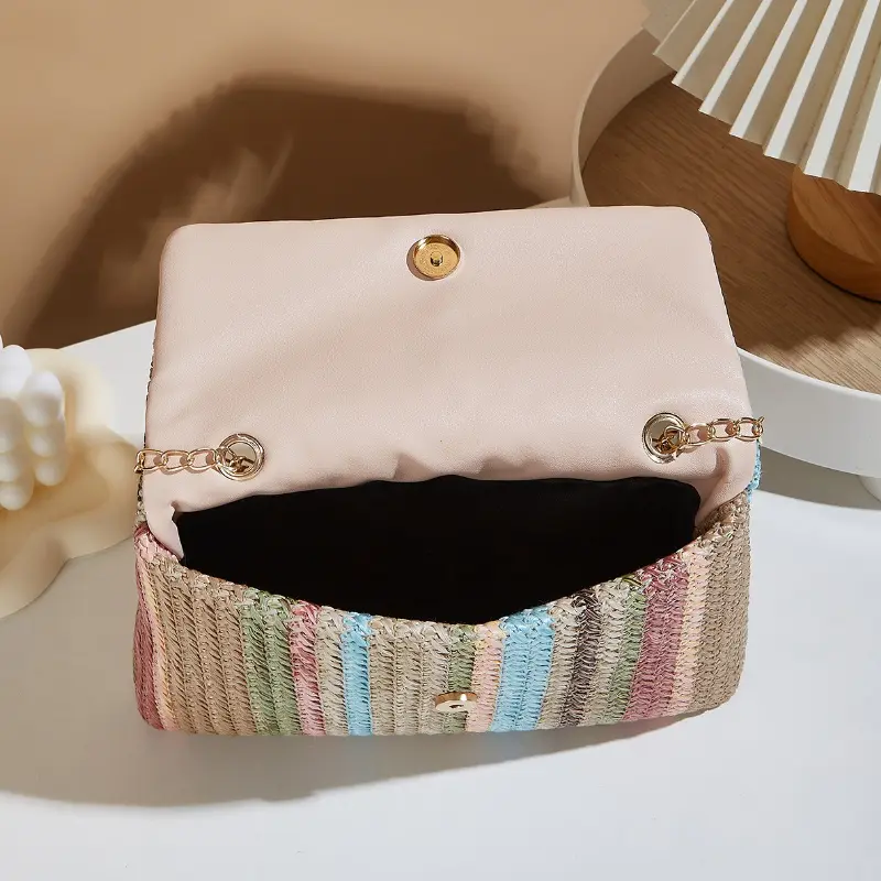 Chic Rainbow Stripe Straw Crossbody Bag for Women Adjustable Shoulder Strap Magnetic Closure Tassel Accent Fashion Square Purse