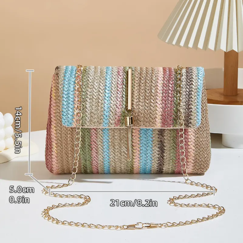 Chic Rainbow Stripe Straw Crossbody Bag for Women Adjustable Shoulder Strap Magnetic Closure Tassel Accent Fashion Square Purse