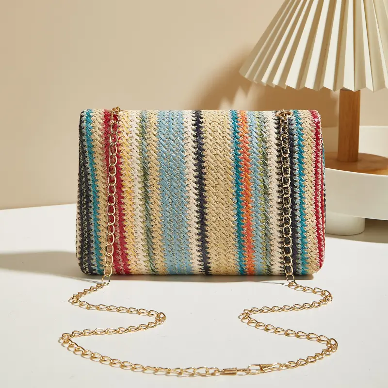 Chic Rainbow Stripe Straw Crossbody Bag for Women Adjustable Shoulder Strap Magnetic Closure Tassel Accent Fashion Square Purse