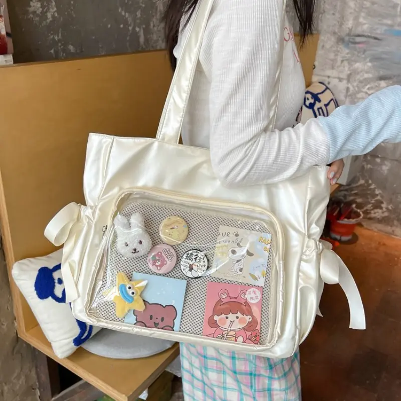 Y2K Cute Bow Ita Bag Women Transparent Shoulder Bag Nylon Pleated Korean Style Fashion Tote Bag Large Capacity Female Handbag