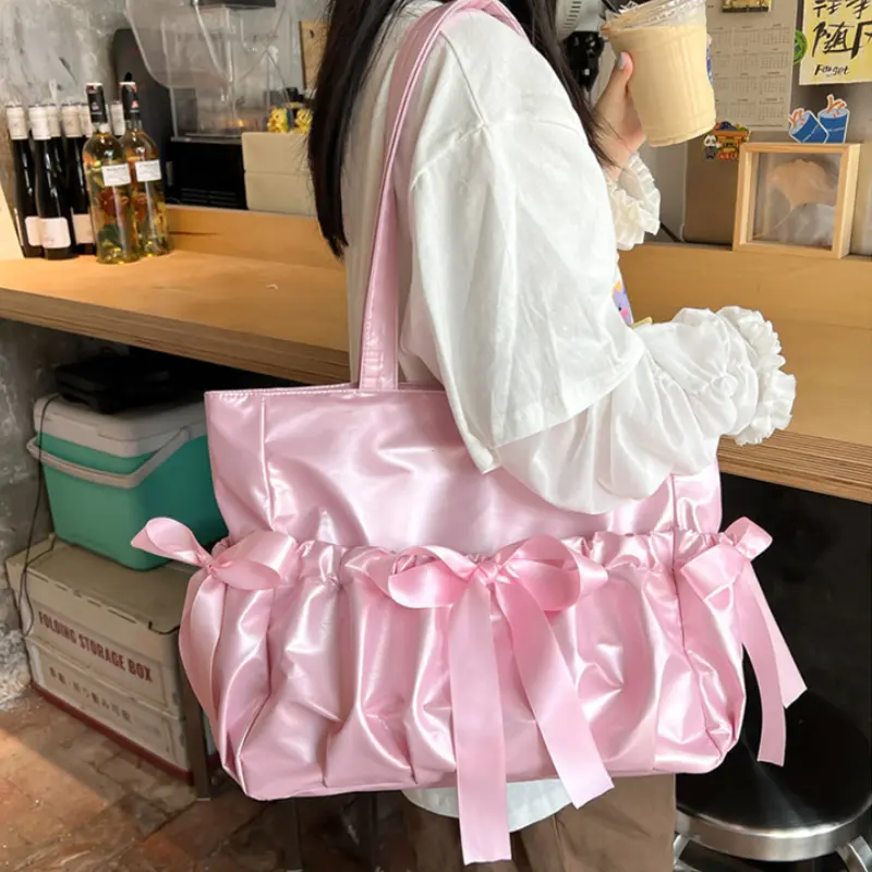 Y2K Cute Bow Ita Bag Women Transparent Shoulder Bag Nylon Pleated Korean Style Fashion Tote Bag Large Capacity Female Handbag