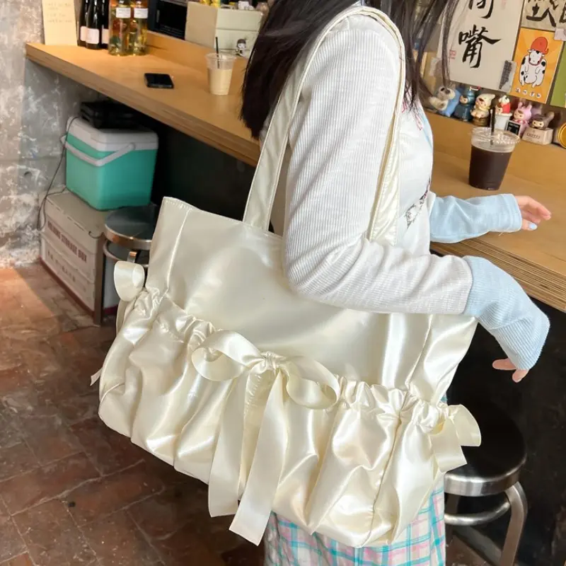Y2K Cute Bow Ita Bag Women Transparent Shoulder Bag Nylon Pleated Korean Style Fashion Tote Bag Large Capacity Female Handbag