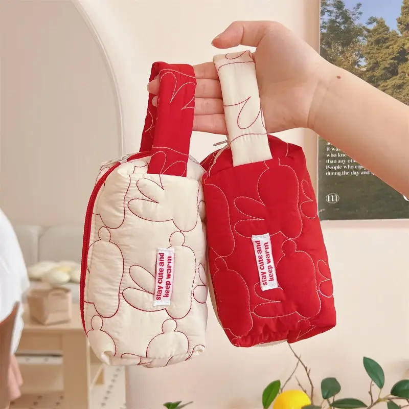 Ins Large Capacity Zipper Makeup Bags Rabbit Quilted Cotton Cosmetic Cases Cute Travel Storage Pouch Organizer for Women Handbag