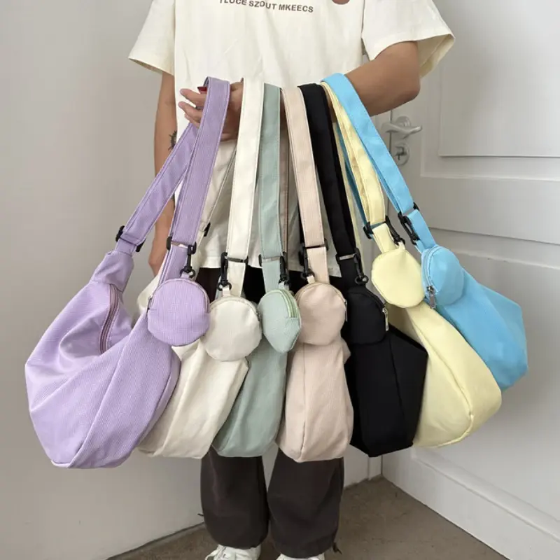 Women's Canvas Shoulder Bag Large Capacity Crossbody Chest Bag Casual Half Moon Belt Messenger Bags Student Commute Dumpling Bag